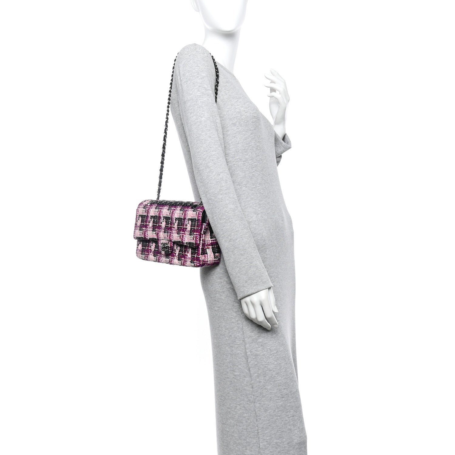 Chanel Tweed Quilted Medium Double Flap Pink Black