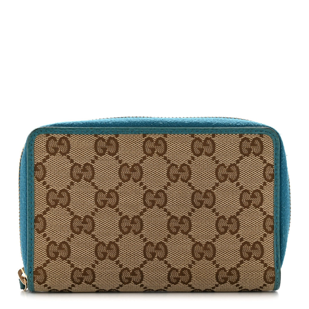 Gucci Monogram Dollar Calfskin Zip Around Compact Wallet Beige Ebony Deep Cobalt