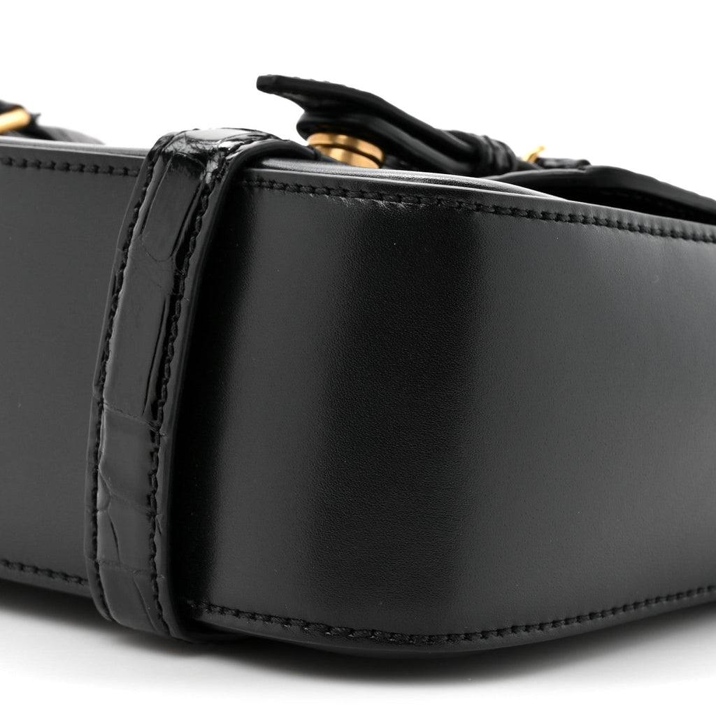 Gucci Calfskin Crocodile GG Double Buckle Medium Messenger Bag Black