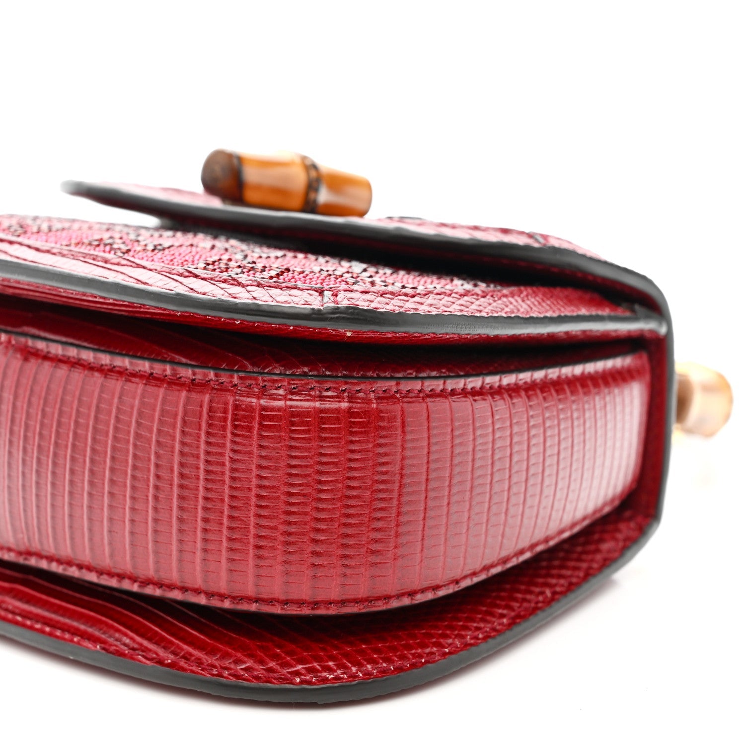 Gucci Moire Fabric Calfskin Rhinestone Monogram Monochrome Lizard Embossed Mini Bamboo 1947 Top Handle Chain Bag Red