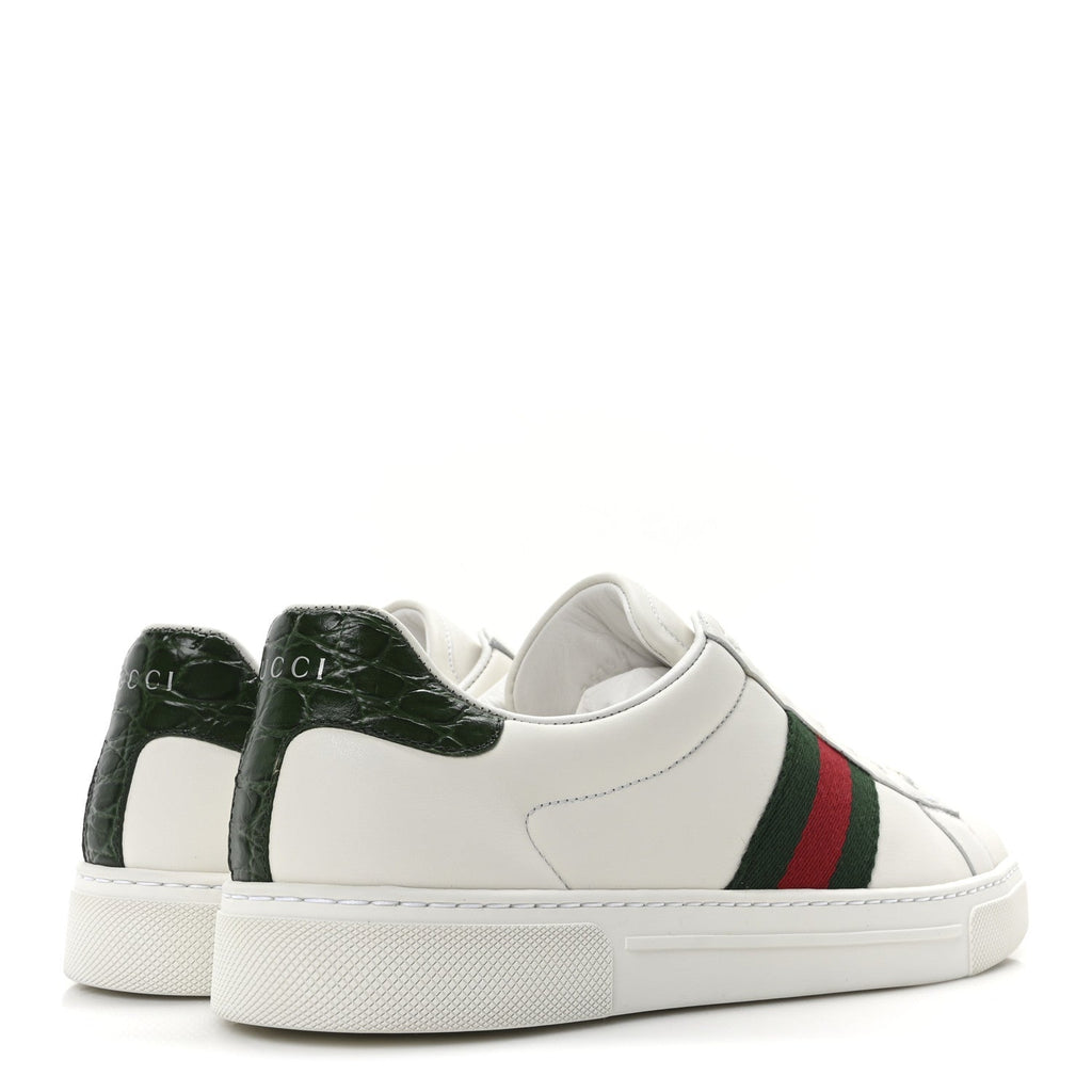 Gucci Calfskin Crocodile Web Womens Ace Sneakers 39.5 White Green