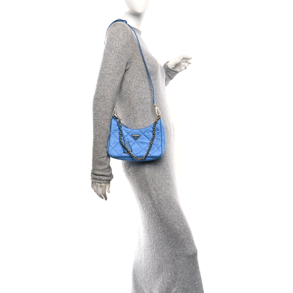Prada Re-Nylon Saffiano Stitched Mini Re-Edition 1995 Chaine Shoulder Bag Blue