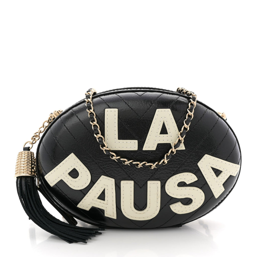 Chanel Lambskin Embroidered Chevron Quilted La Pausa Tassel Clutch Black