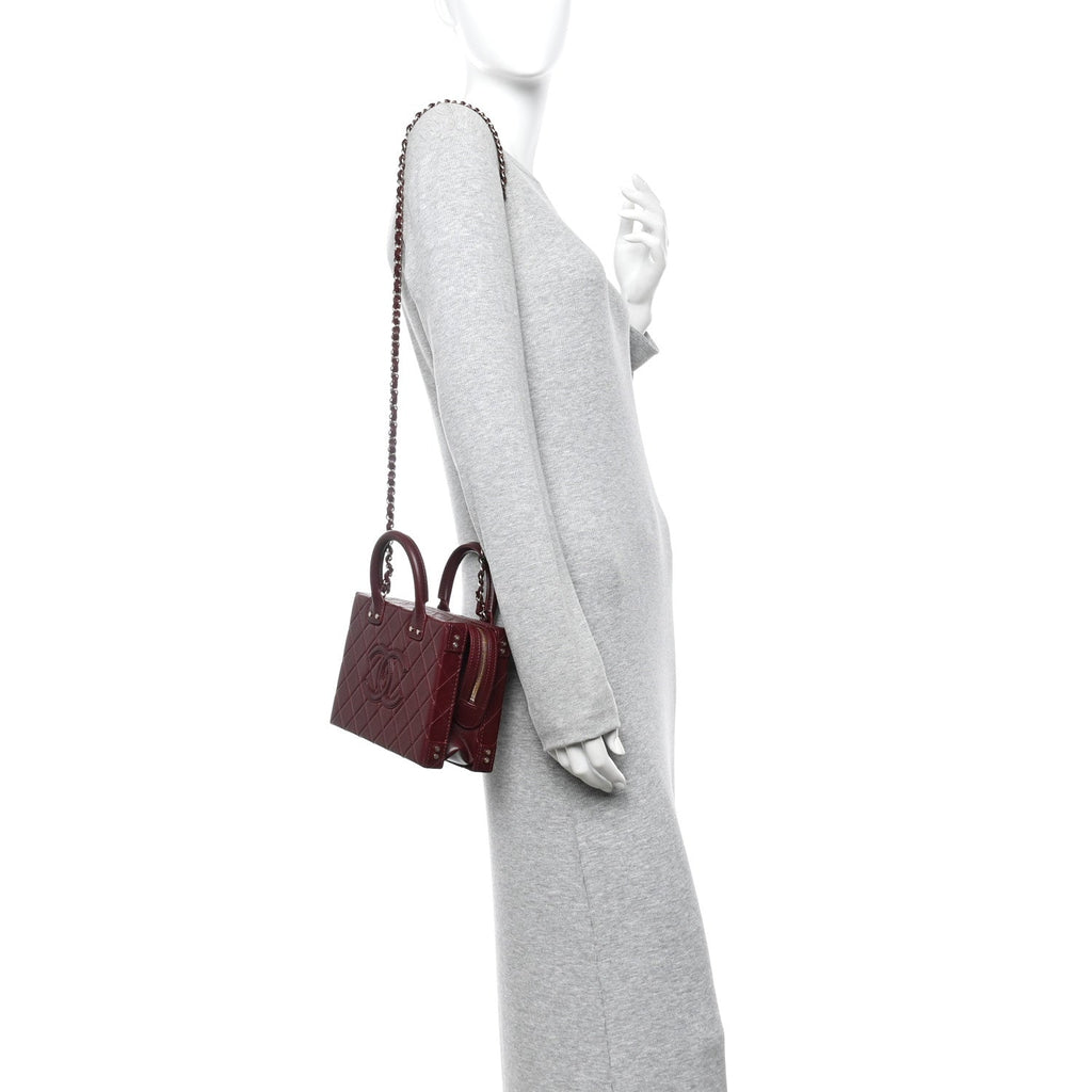 Chanel Calfskin Quilted Studded Square Vanity Case Burgundy
