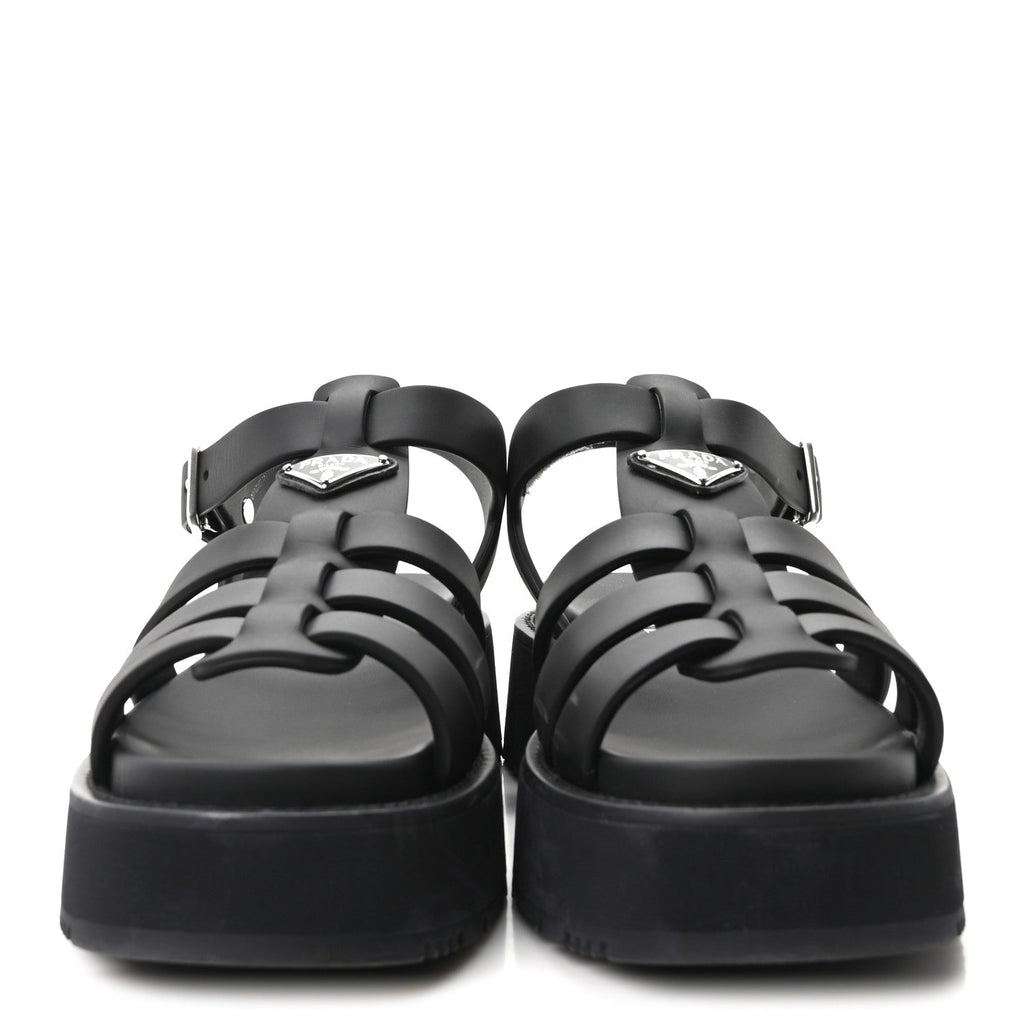 Prada Foam Rubber Metal Triangle Logo Soft Cage Women Sandals 40 Black