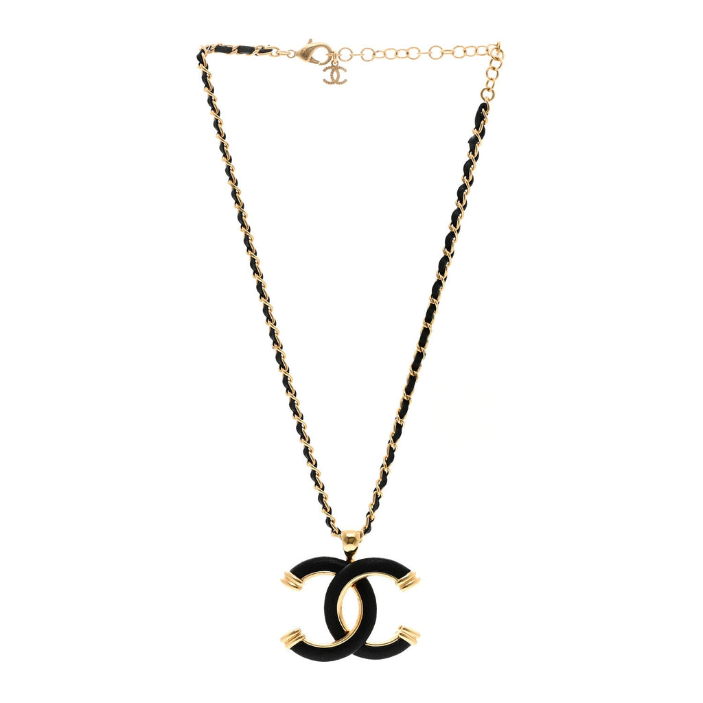 Metal Lambskin Chain CC Necklace Black Gold