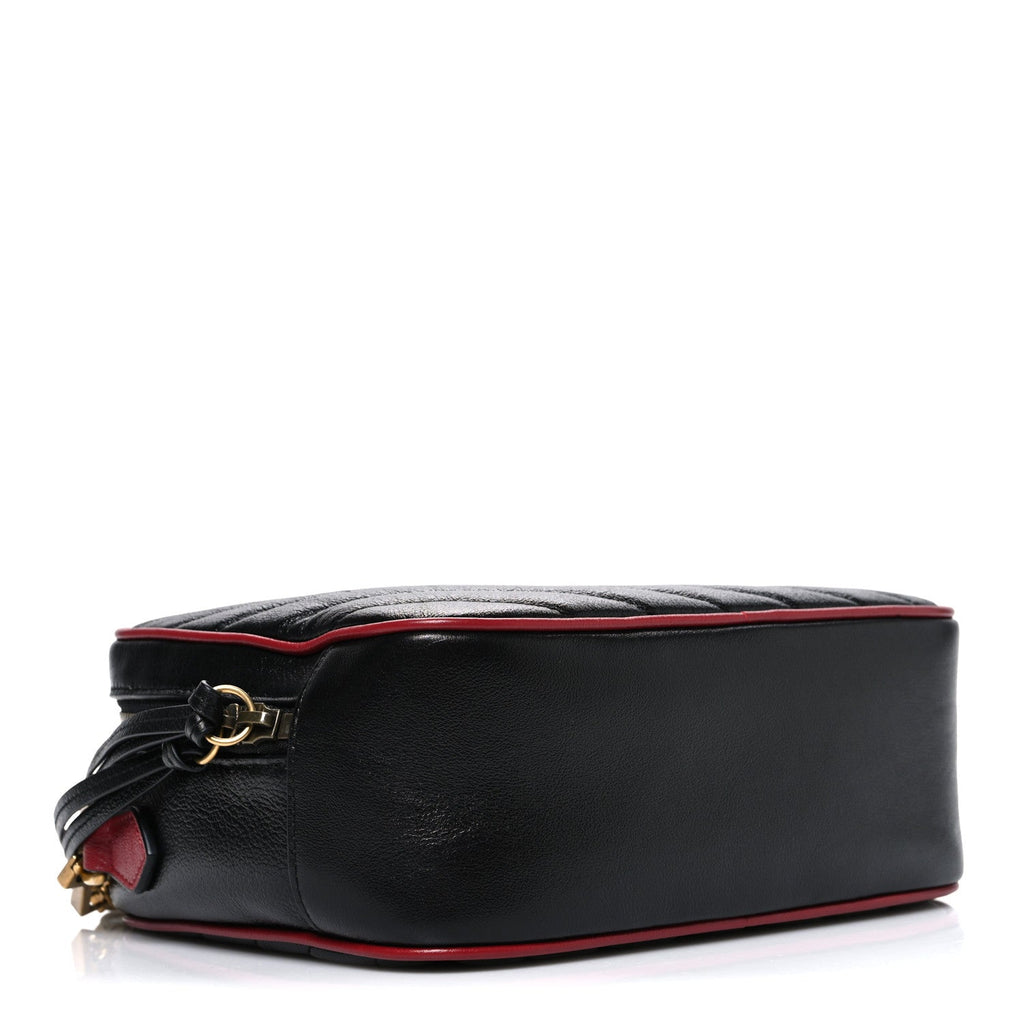 Gucci Vintage Effect Calfskin Matelasse Diagonal Small Torchon GG Marmont Bamboo Top Handle Shoulder Bag Black Romantic Cherry