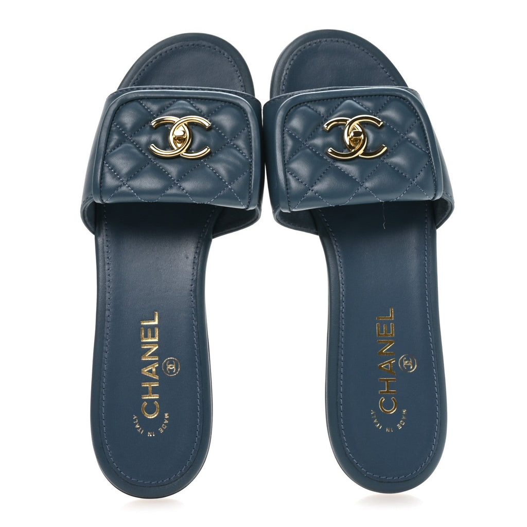 Lambskin Quilted Turnlock Flat Mules 39.5 Dark Blue