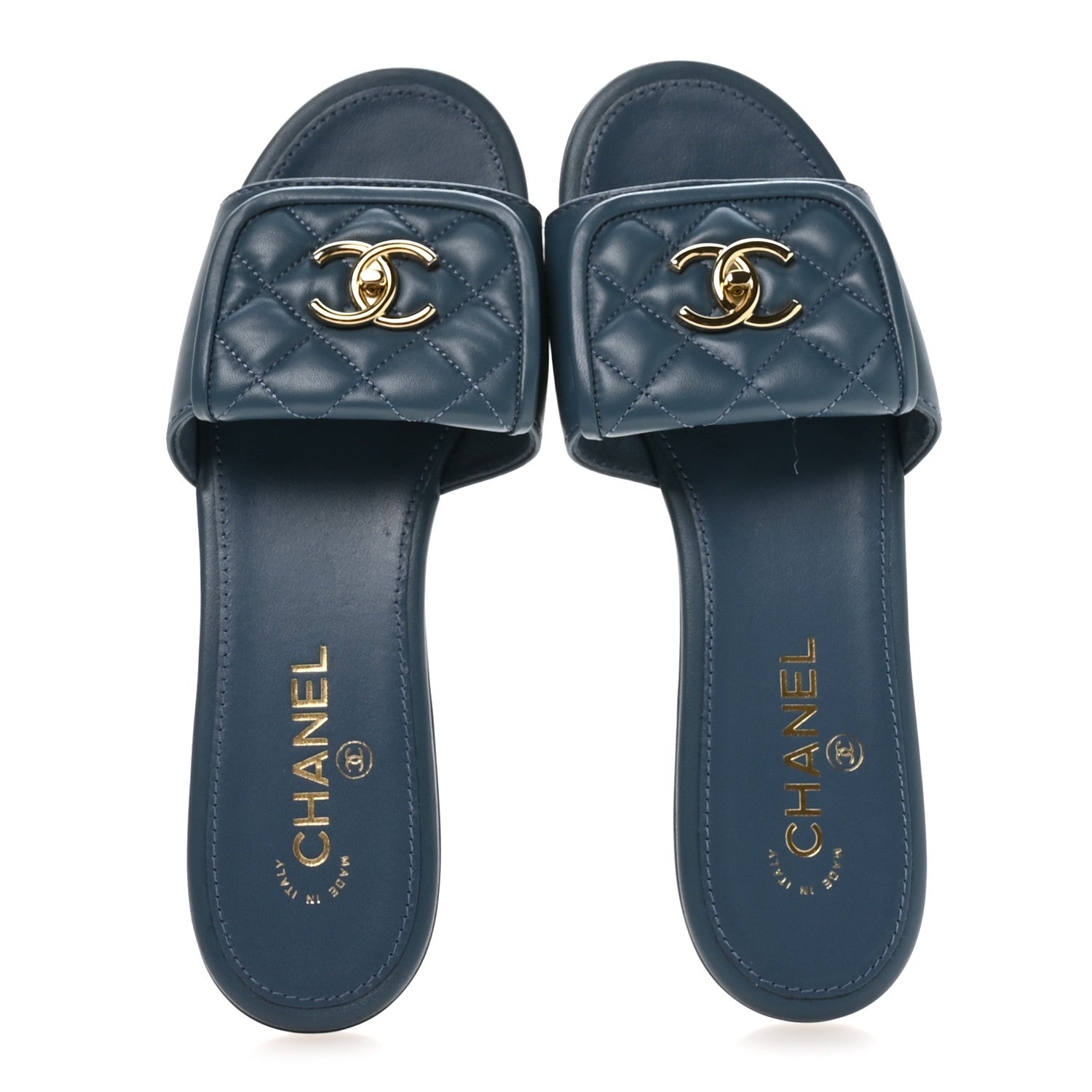 Lambskin Quilted Turnlock Flat Mules 39.5 Dark Blue