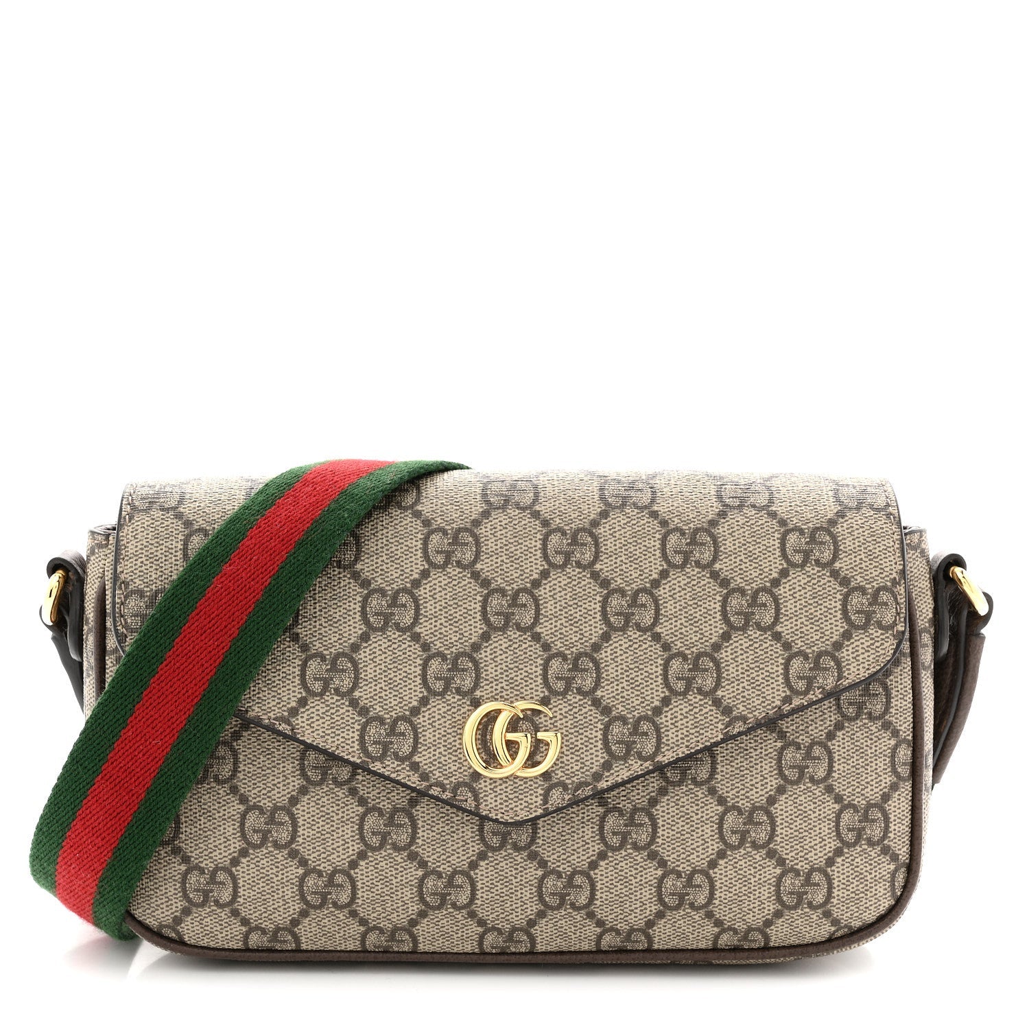 Gucci GG Supreme Monogram Textured Dollar Calfskin Web Mini Ophidia Envelope Shoulder Bag Beige Ebony