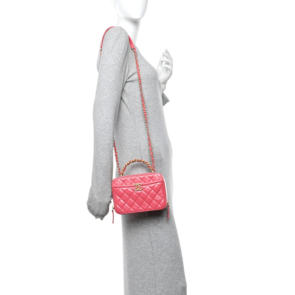 Chanel Crumpled Calfskin Quilted Small Get Round Top Handle Vanity Case Pink