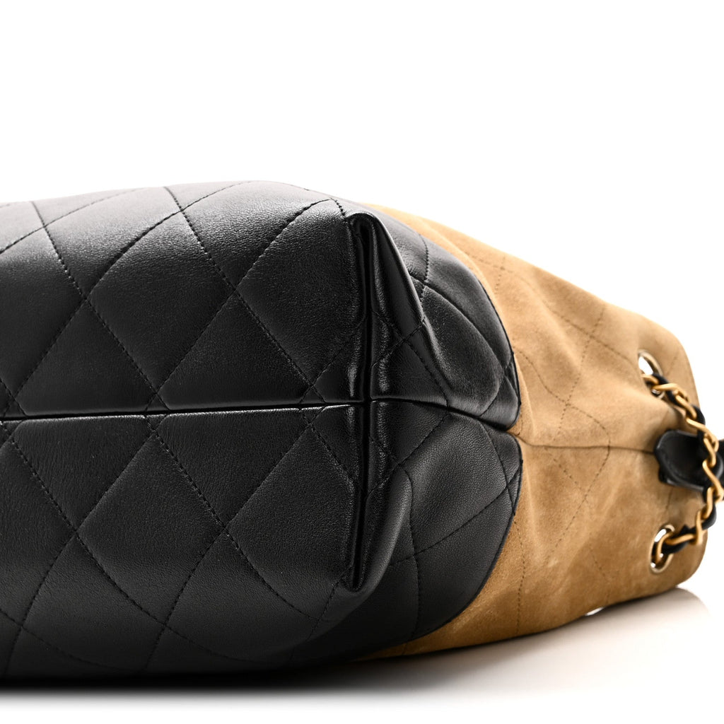 Chanel Suede Calfskin Shiny Lambskin Quilted Small Coco Base Shopping Bag Beige Black