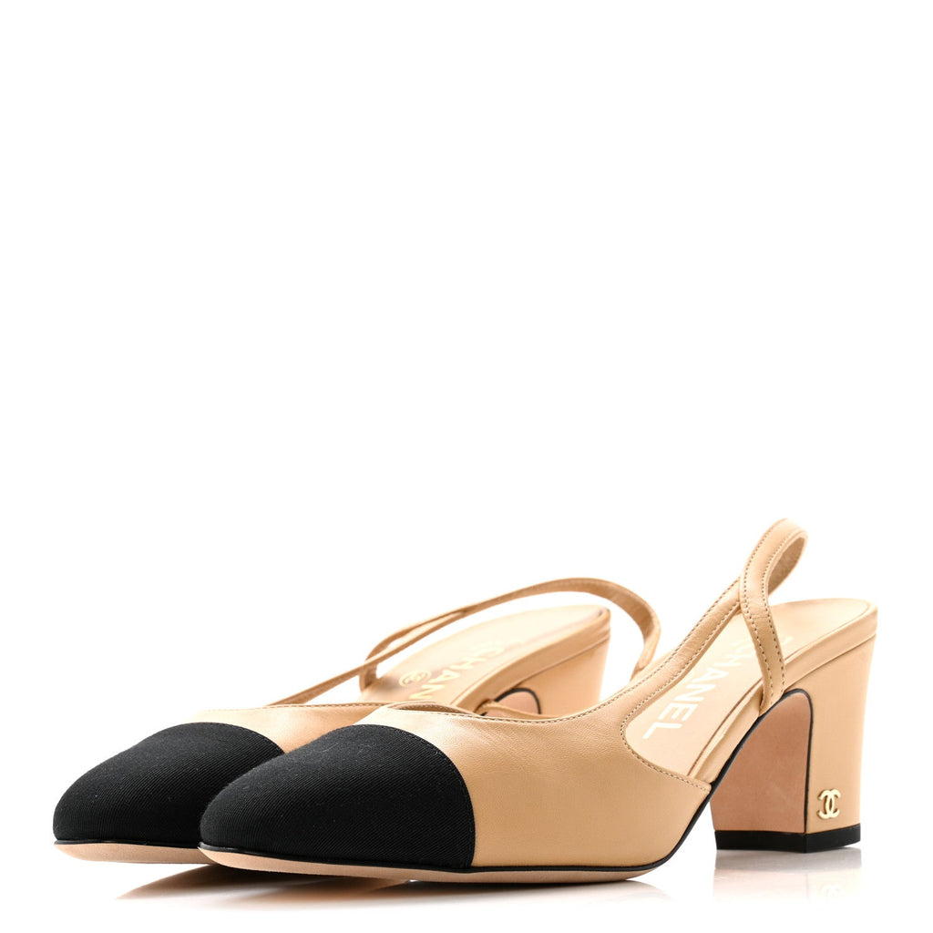 Goatskin Grosgrain Cap Toe CC Slingback Pumps 36.5 Beige Black