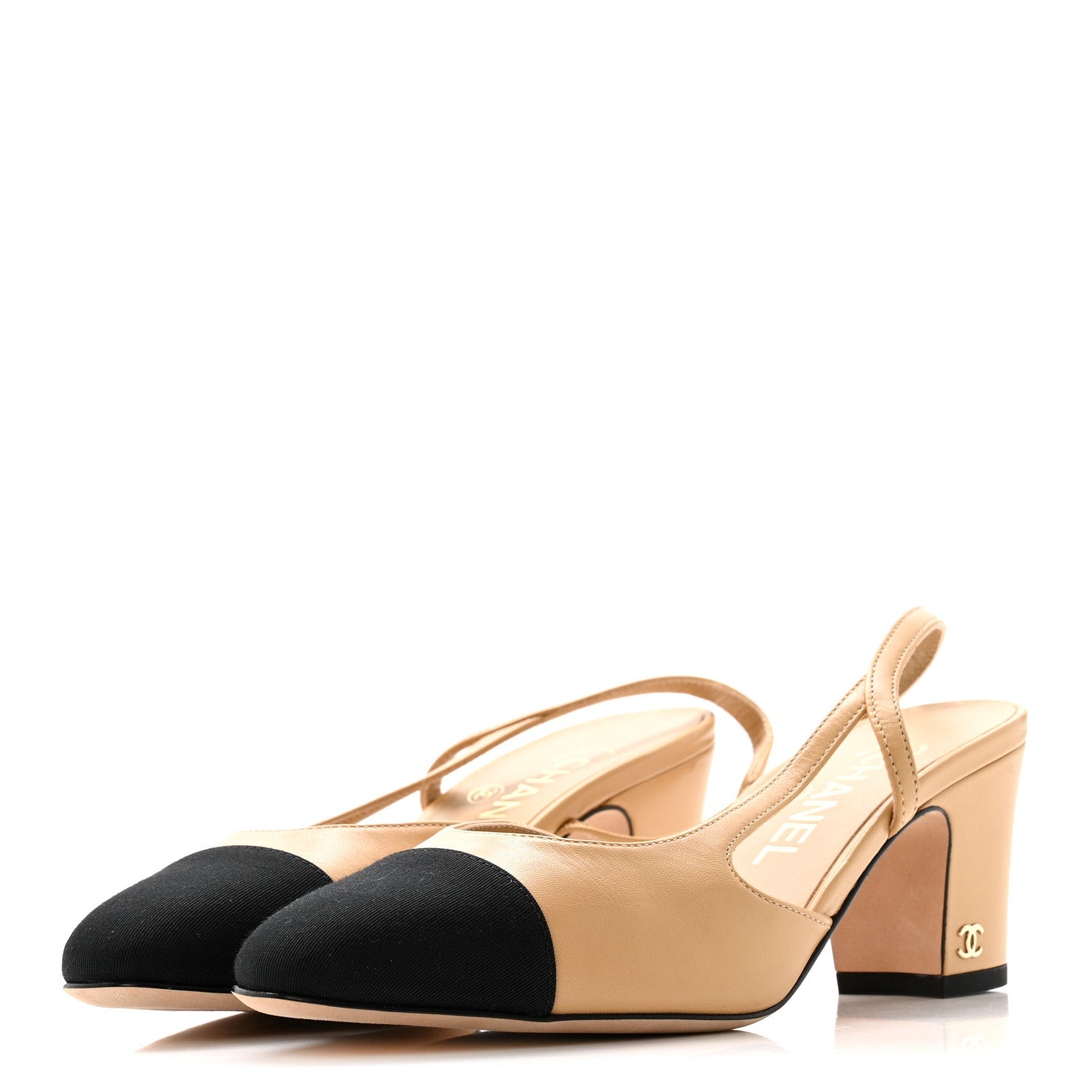 Goatskin Grosgrain Cap Toe CC Slingback Pumps 36.5 Beige Black