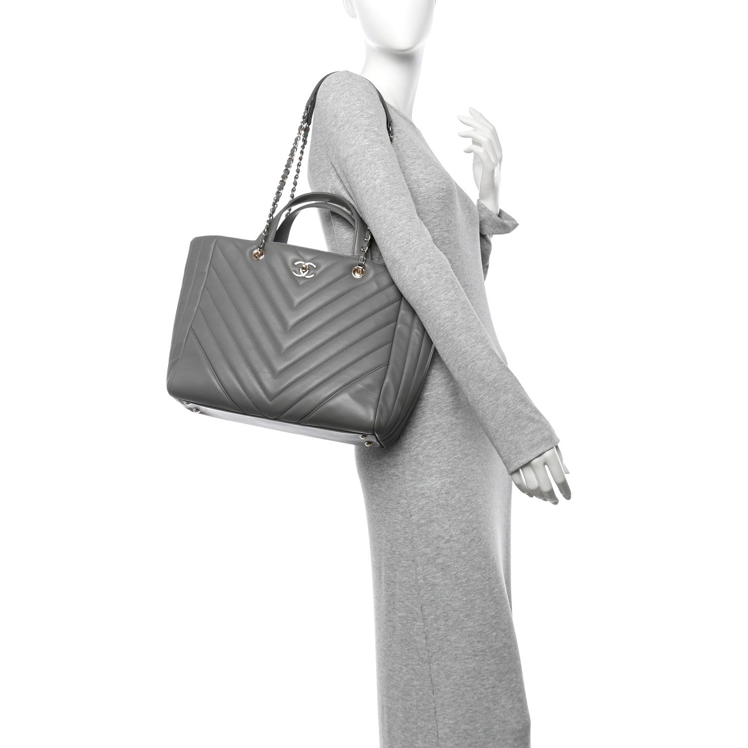 Chanel Calfskin Chevron Quilted Statement Shopping Tote Grey
