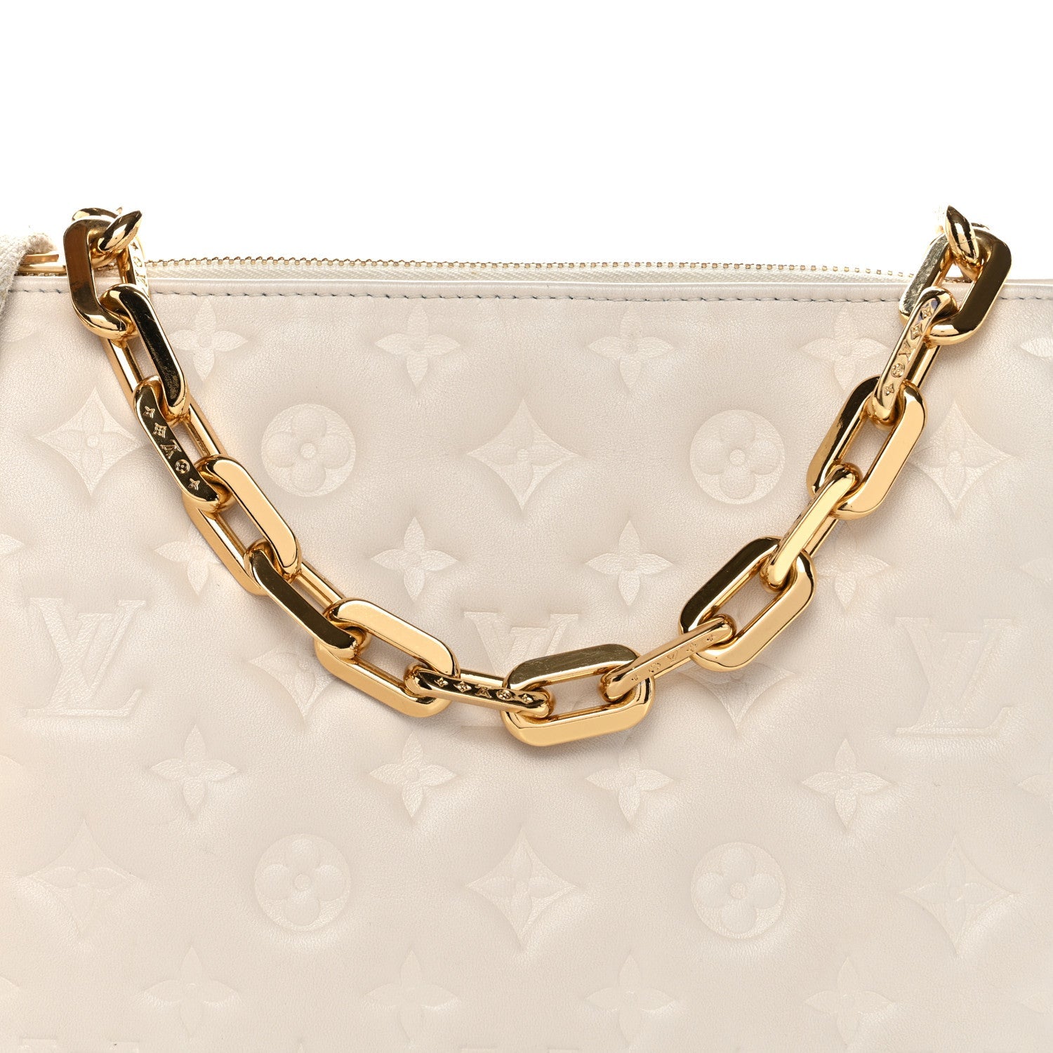 Louis Vuitton Lambskin Embossed Monogram Coussin PM Beige Cream