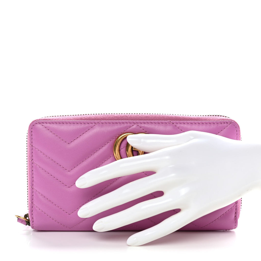 Gucci Calfskin Matelasse GG Marmont Zip Around Wallet Pink