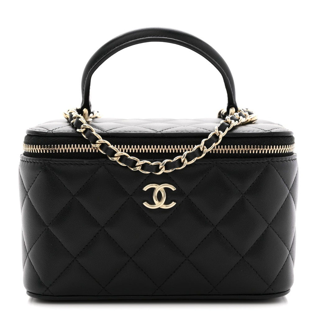 Chanel Lambskin Quilted Small Top Handle Vanity Case With Chain Black