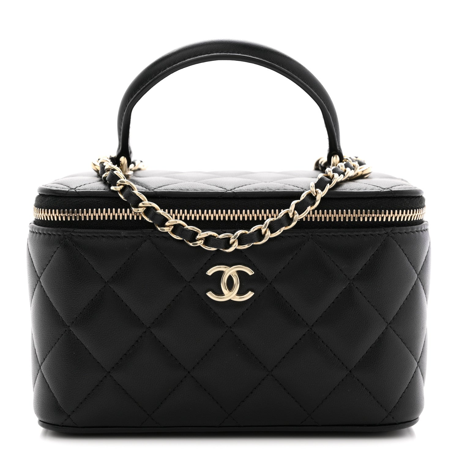 Chanel Lambskin Quilted Small Top Handle Vanity Case With Chain Black