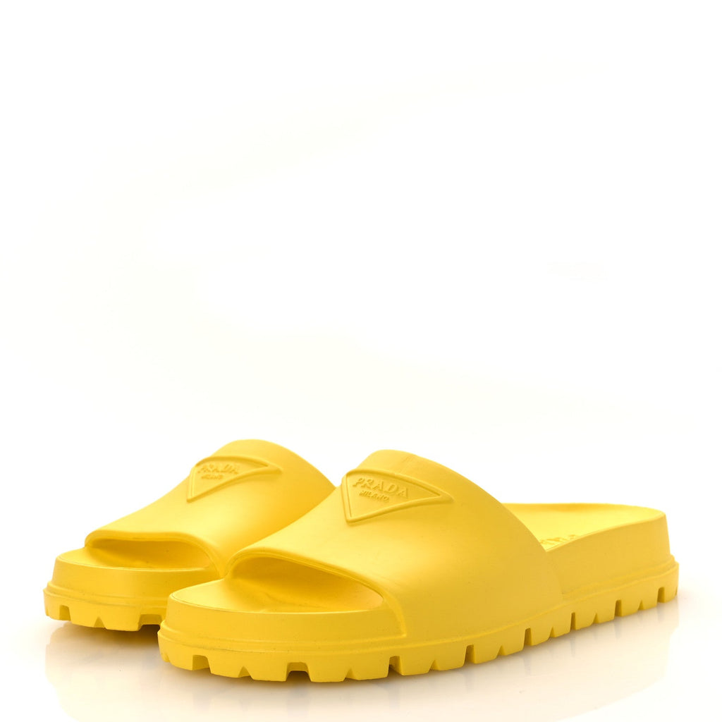 Prada EVA Rubber Triangle Logo Embossed Womens Lug Sole 20mm Slide Sandals 41 Sole
