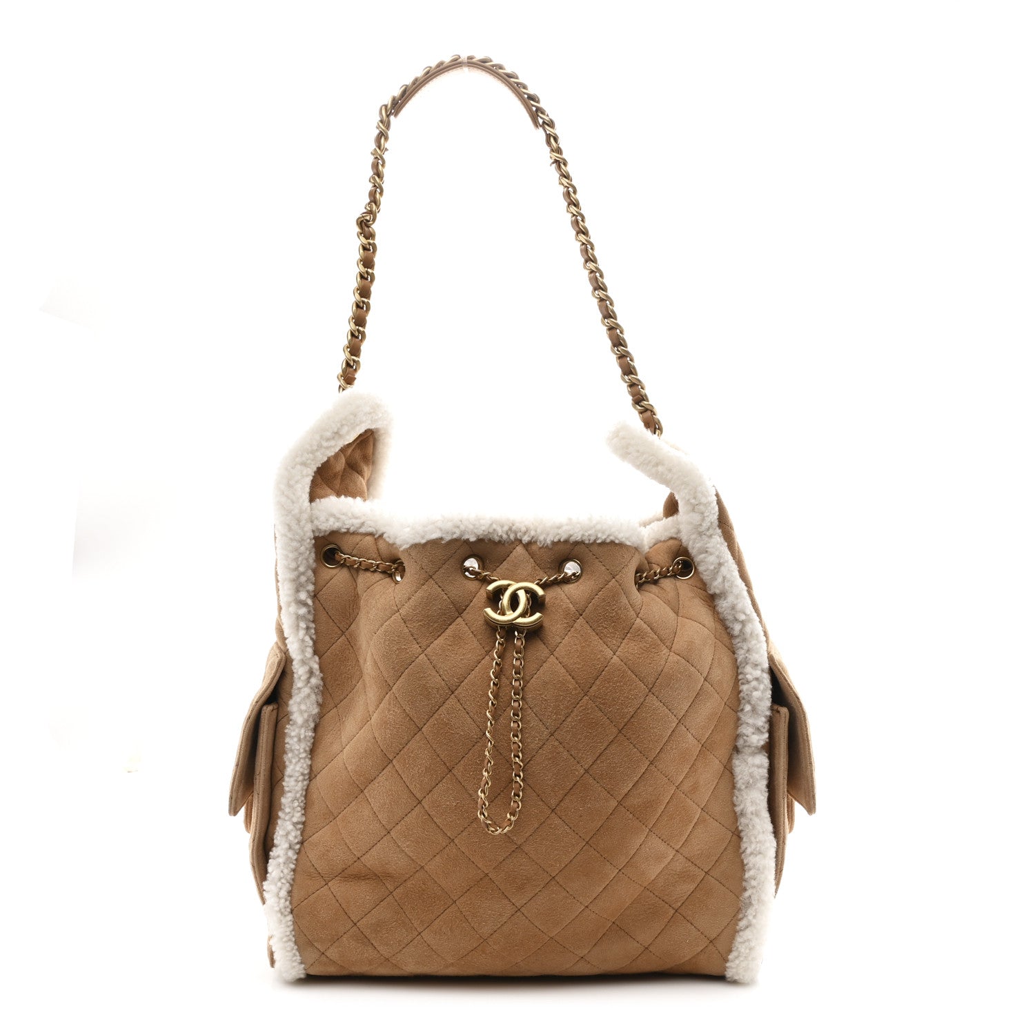 Chanel Suede Shearling Quilted Medium Chanel 25 Handbag Beige Natural