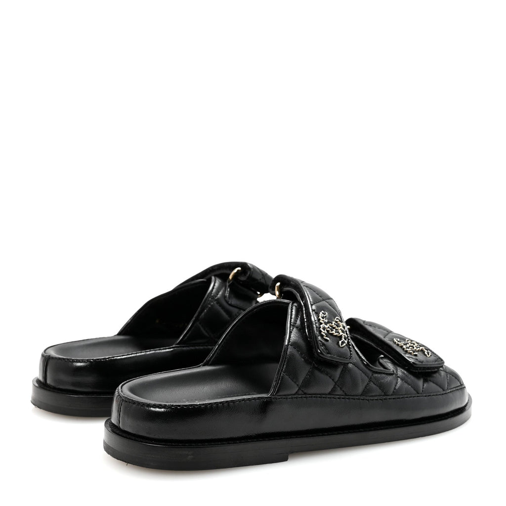 Lambskin Quilted Velcro Dad Chain CC Slide Sandals 36.5 Black