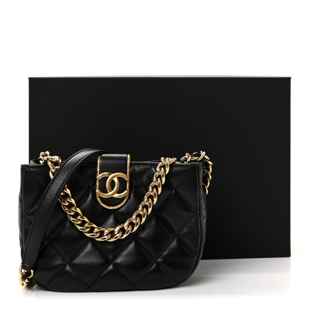 Chanel Lambskin Quilted Small Chain Hobo Black