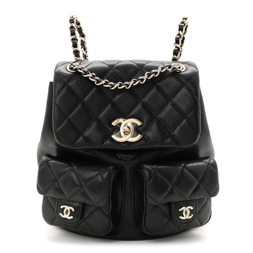 Chanel Shiny Caviar Quilted Medium Duma Pockets Drawstring Backpack Black
