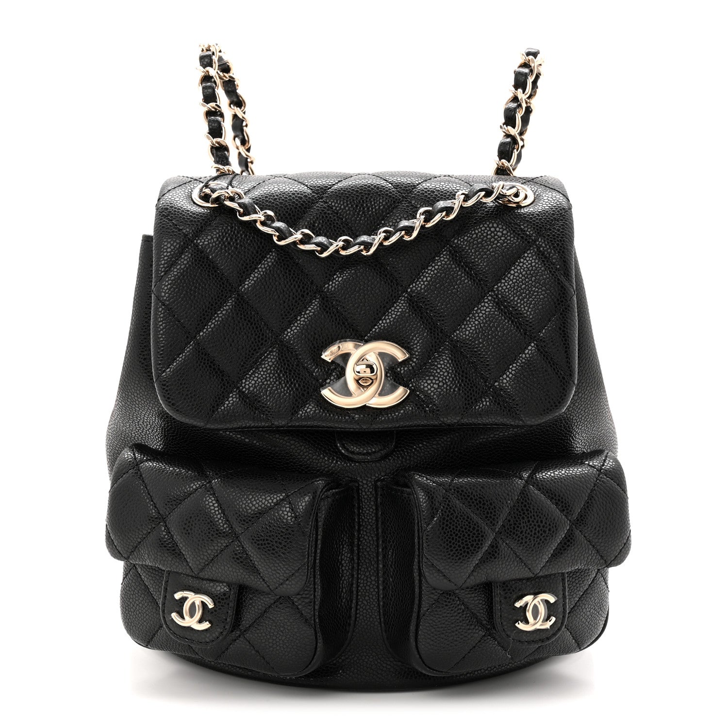 Chanel Shiny Caviar Quilted Medium Duma Pockets Drawstring Backpack Black