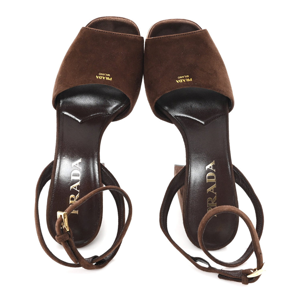 Prada Scamosciata Logo Ankle Strap 40/135mm Platform Sandals 36 Moro
