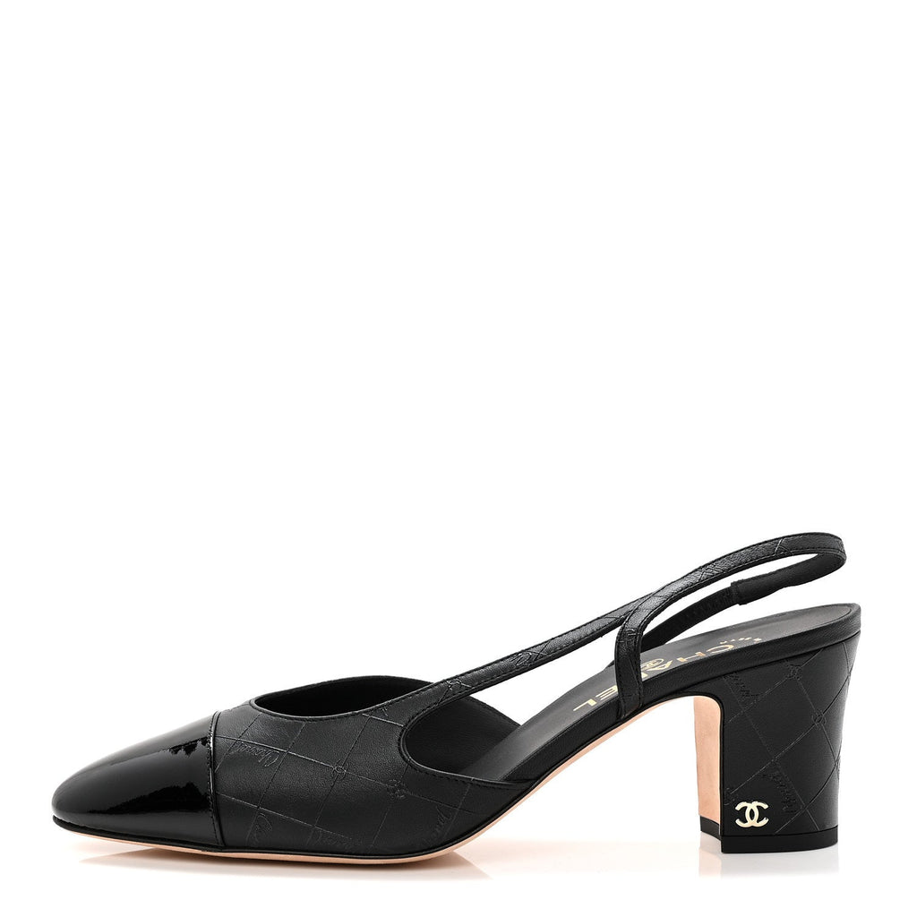 Lambskin Patent Calfskin Quilted Cap Toe Coco CC Slingback Pumps 41 Black