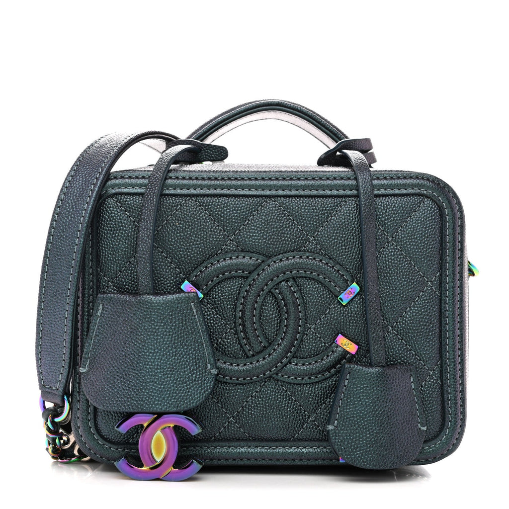Chanel Iridescent Caviar Quilted Small CC Filigree Vanity Case Dark Turquoise