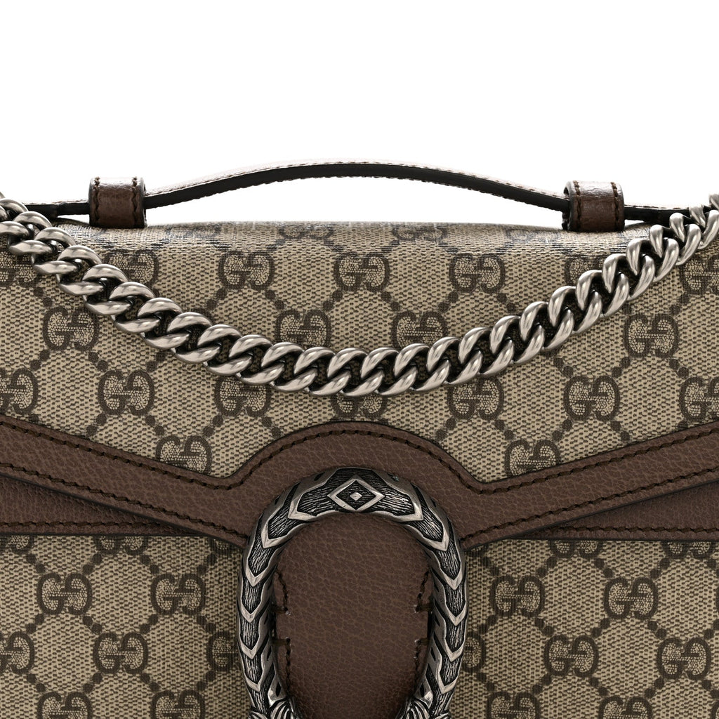 Gucci GG Supreme Monogram Textured Dollar Calfskin Top Handle Dionysus Shoulder Bag Beige Ebony New Acero
