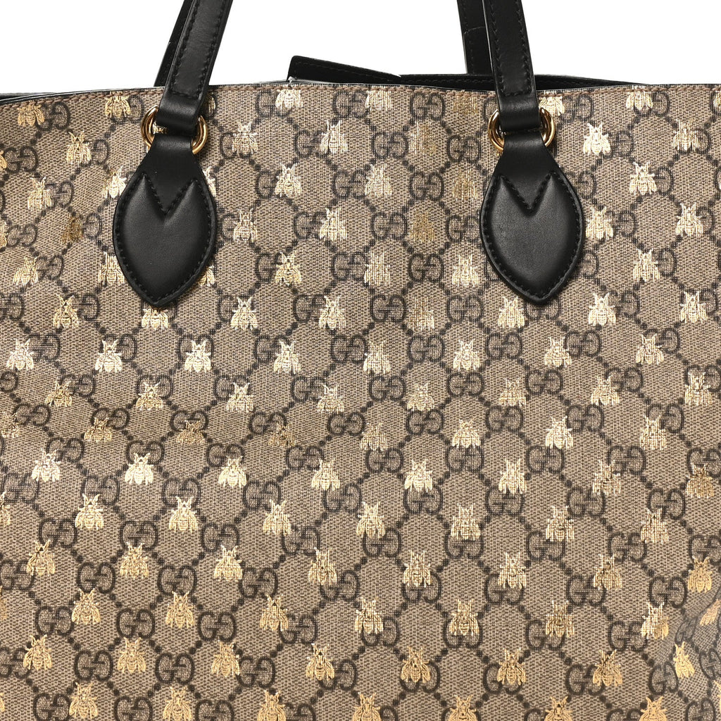 Gucci Soft GG Supreme Monogram Bees Medium Crossbody Tote Beige Oro Black