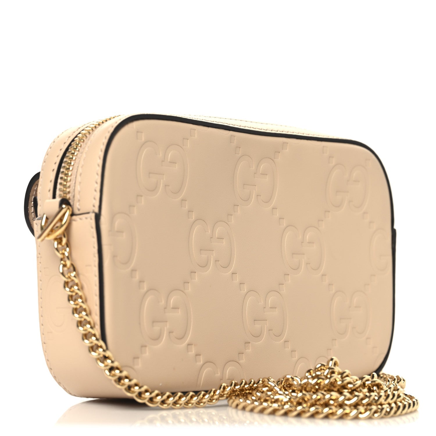 Gucci Calfskin GG Super Mini Debossed Chain Wallet Light Beige