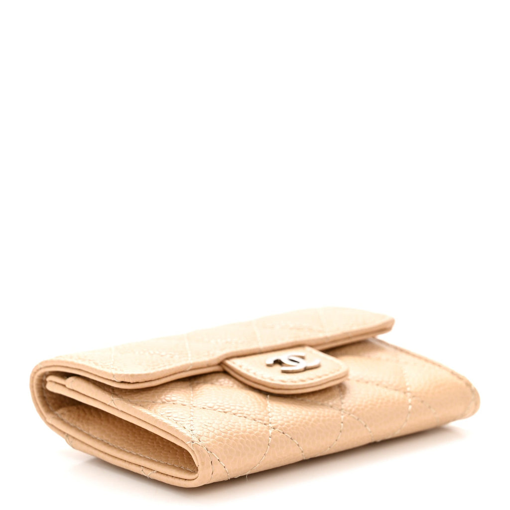 Caviar Quilted Flap Card Holder Wallet Beige