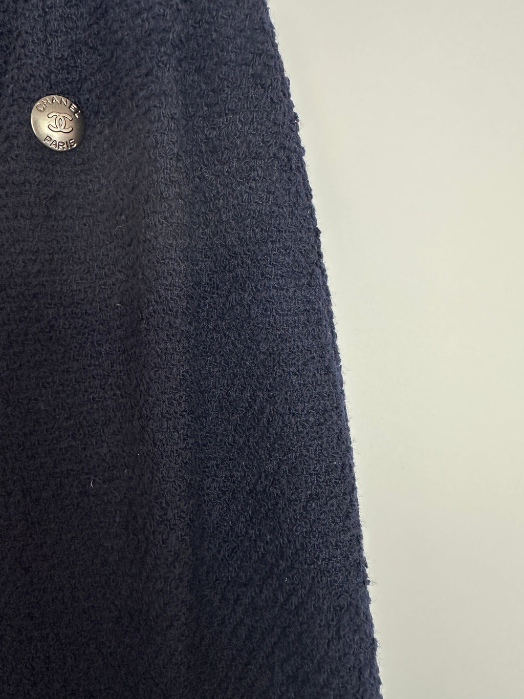 Chanel 97A Navy Wool Long Sleeve Jacket and Pencil Skirt Set with Red, Blue, Green and Yellow Neckline Applique Detail Size FR 38 (UK 10)