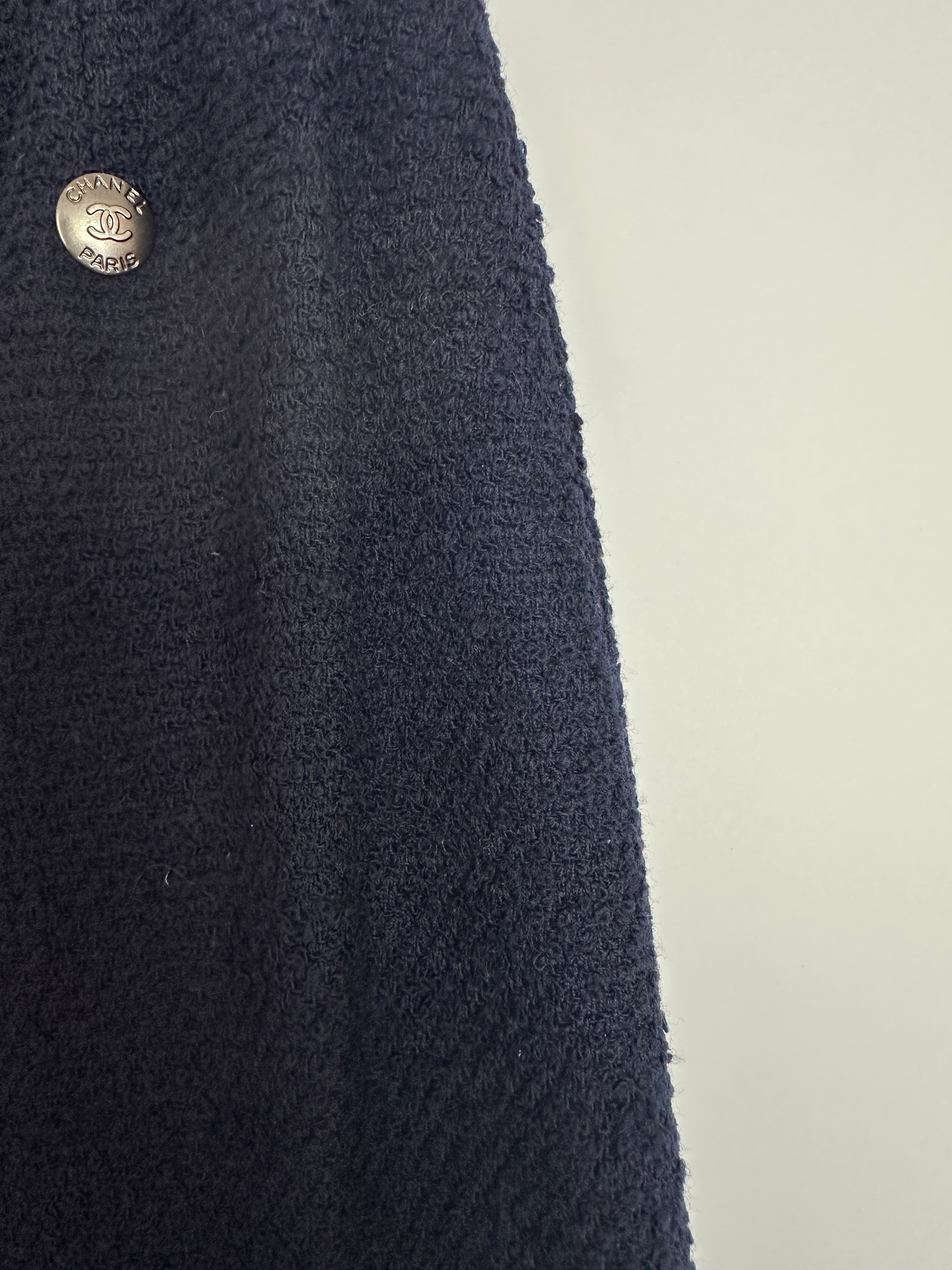 Chanel 97A Navy Wool Long Sleeve Jacket and Pencil Skirt Set with Red, Blue, Green and Yellow Neckline Applique Detail Size FR 38 (UK 10)