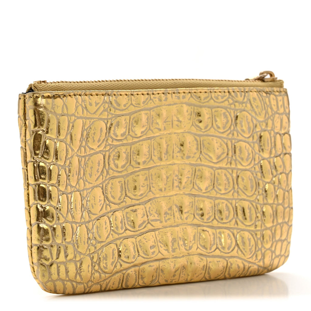 Metallic Calfskin Crocodile Embossed Cocodile Small Cosmetic Case Gold