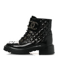 Chanel Shiny Calfskin Quilted Lace Up Combat Boots 37 Black