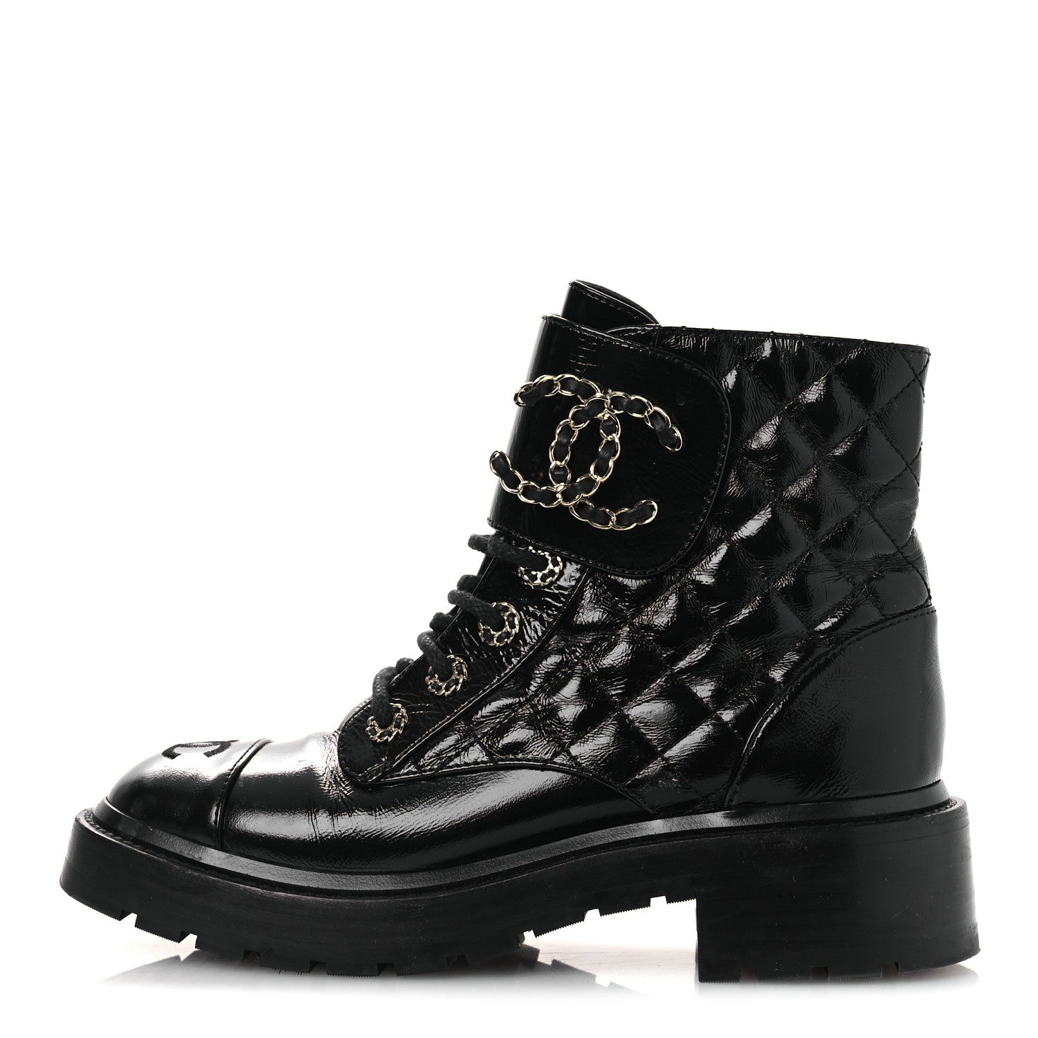 Chanel Shiny Calfskin Quilted Lace Up Combat Boots 37 Black