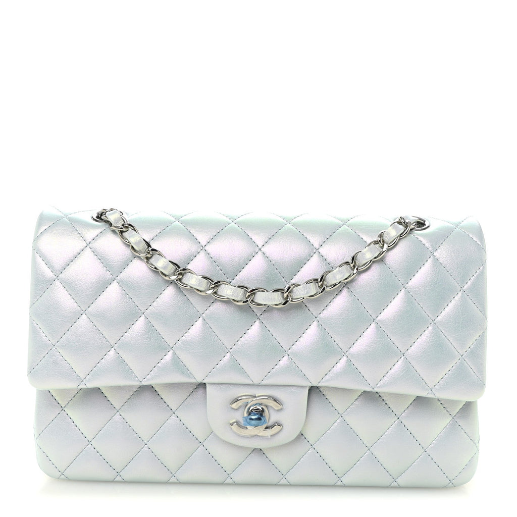 Chanel Iridescent Calfskin Quilted Medium Double Flap Light Blue