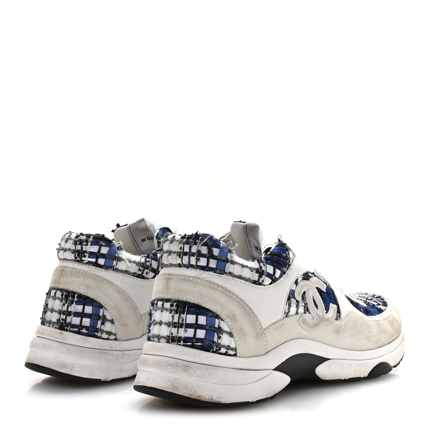 Chanel Tweed Suede Calfskin Womens CC Sneakers 39.5 Dark Blue Black Grey White