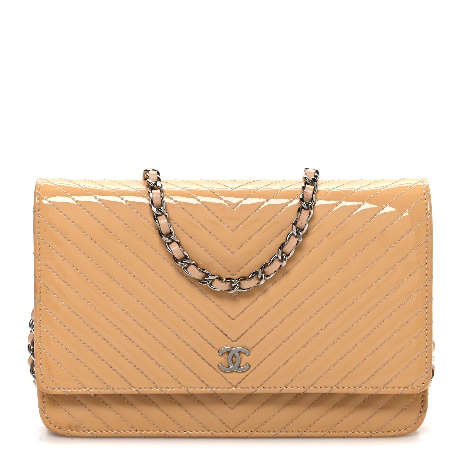 Chanel Patent Calfskin Chevron Quilted Wallet On Chain WOC Beige