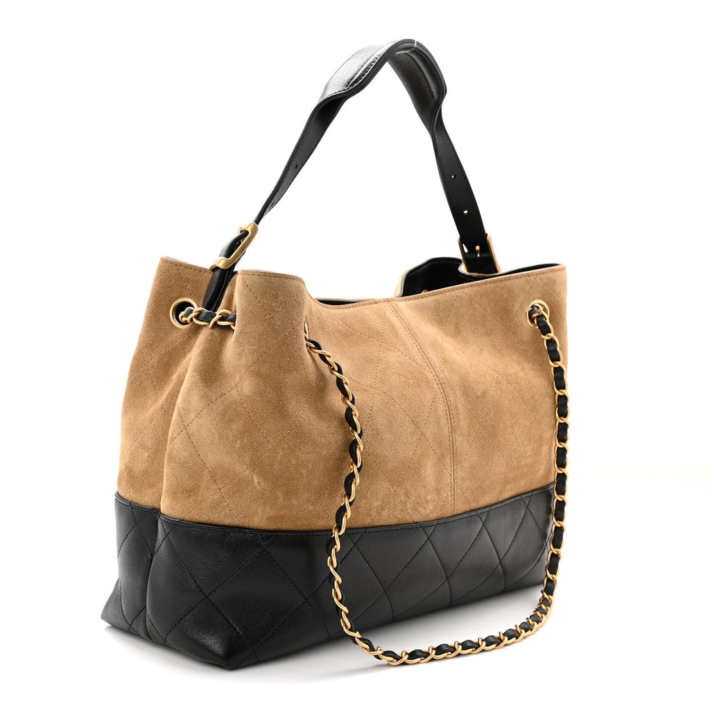 Chanel Suede Calfskin Shiny Lambskin Quilted Small Coco Base Shopping Bag Beige Black