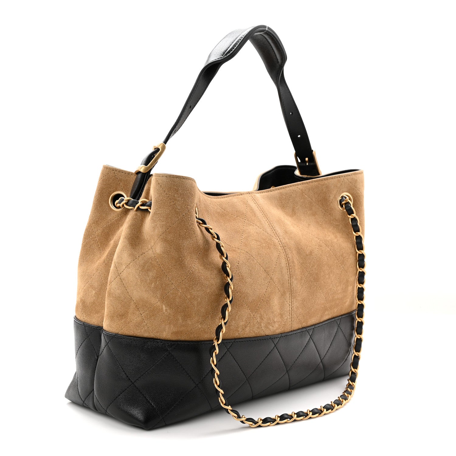 Chanel Suede Calfskin Shiny Lambskin Quilted Small Coco Base Shopping Bag Beige Black