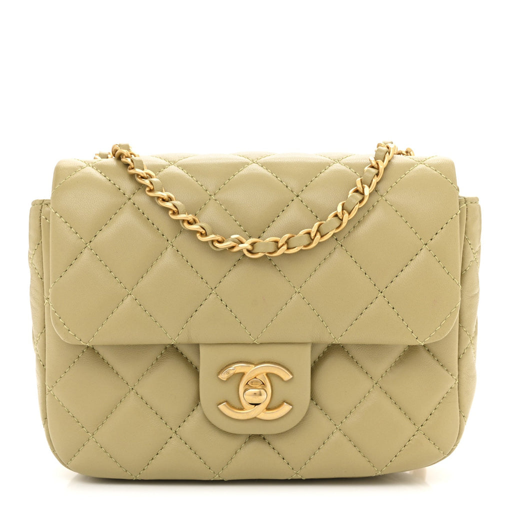 Chanel Lambskin Enamel Quilted Mini Coco Hearts Square Flap Light Green