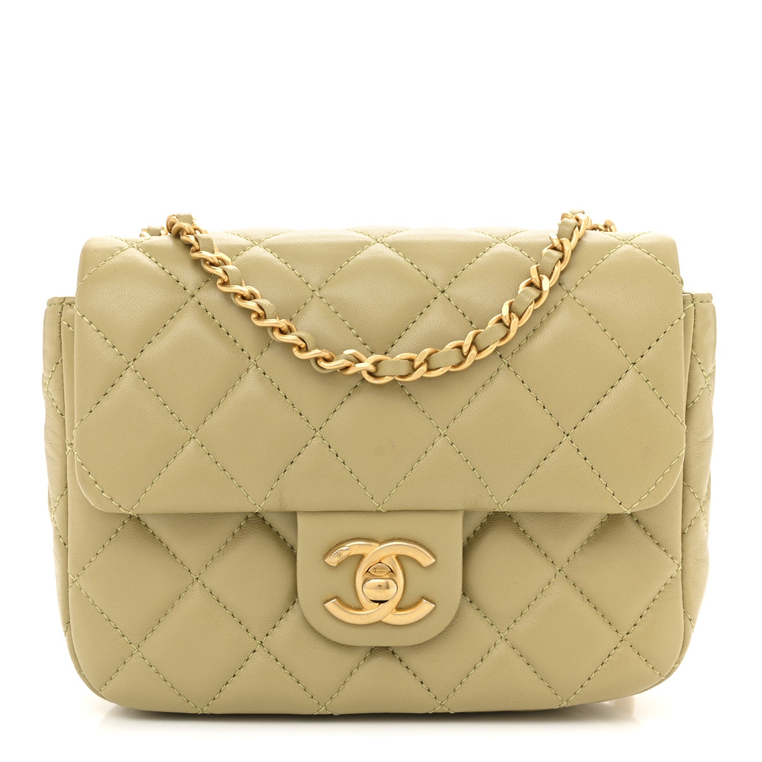 Chanel Lambskin Enamel Quilted Mini Coco Hearts Square Flap Light Green