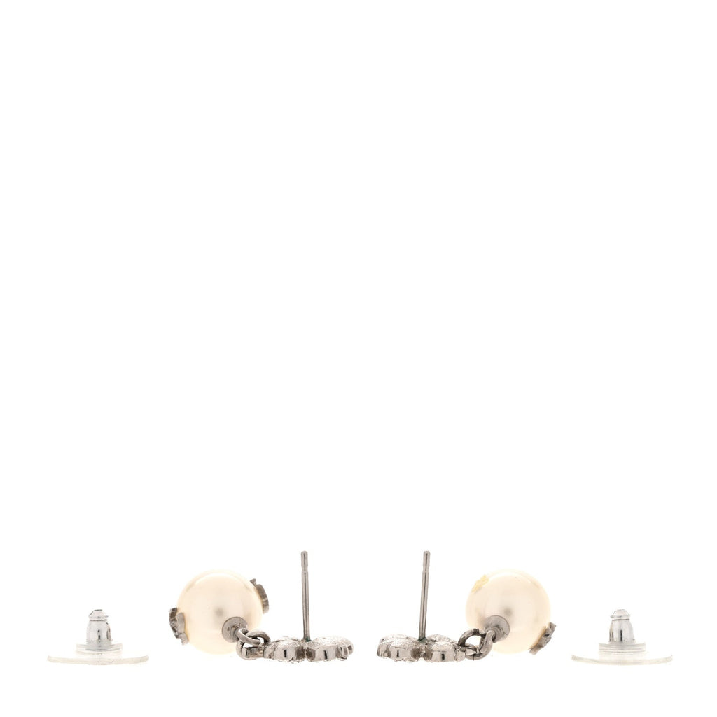 Crystal Pearl CC Clover Drop Earrings Silver