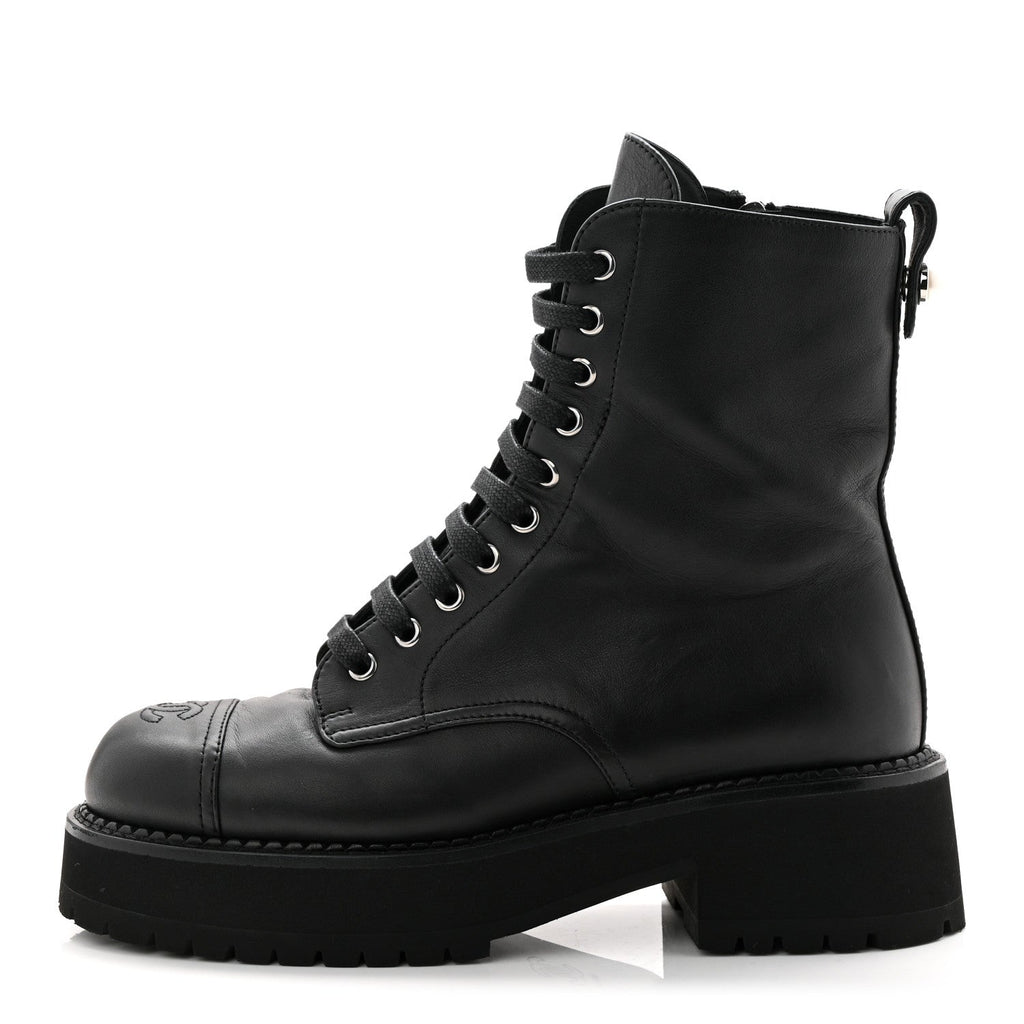 Calfskin Cap Toe Lace Up Combat Boots 39 Black